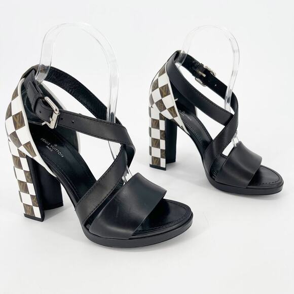 Louis Vuitton Black Monogram Damier Tressage Matchmake Check Heel Sandals EU 37 - Picture 3 of 16